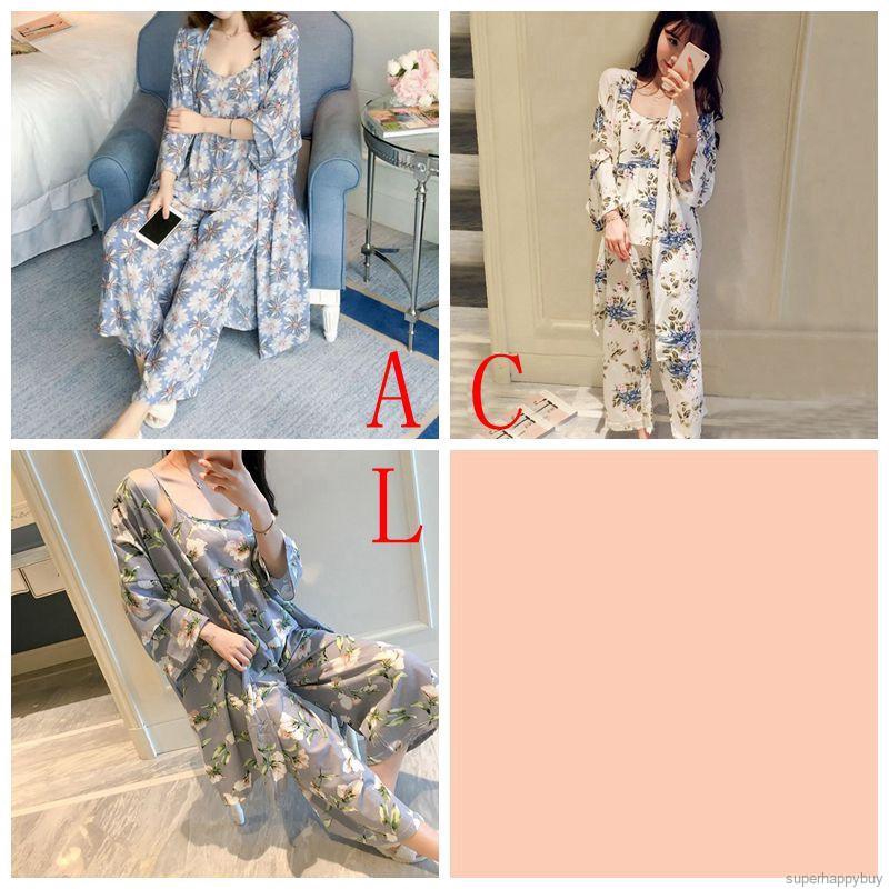 Bộ̣ đồ ngủ áo 2 dây cổ chữ V + áo khoác + quần dài họa tiết hoa thời trang cho nữ