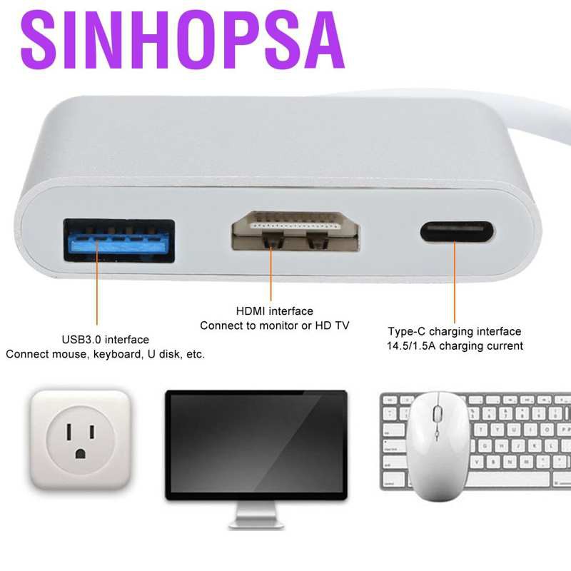 Sinhopsa USB 3.1‑C Hub 3‑in‑1 Type C 3.1 to USB‑C 4K 3.0 Adapter HDMI Cable for OS X