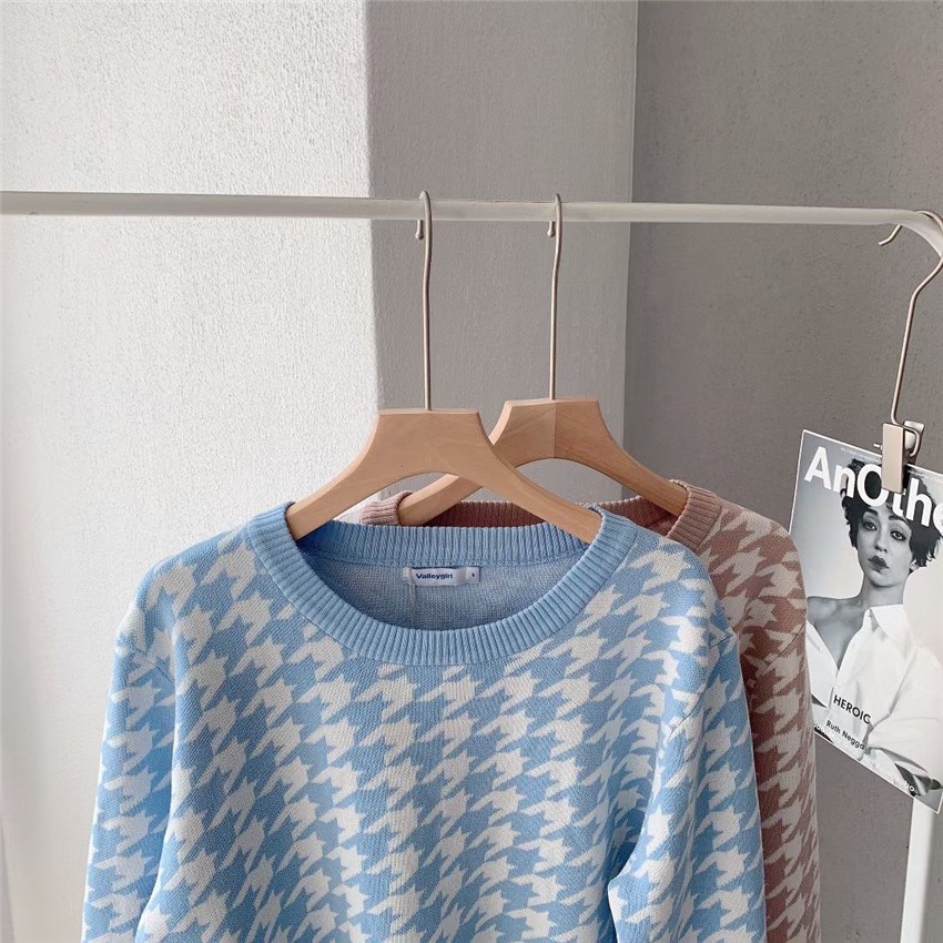 Áo len tay dài cổ tròn họa tiết Houndstooth phong cách Hàn Quốc