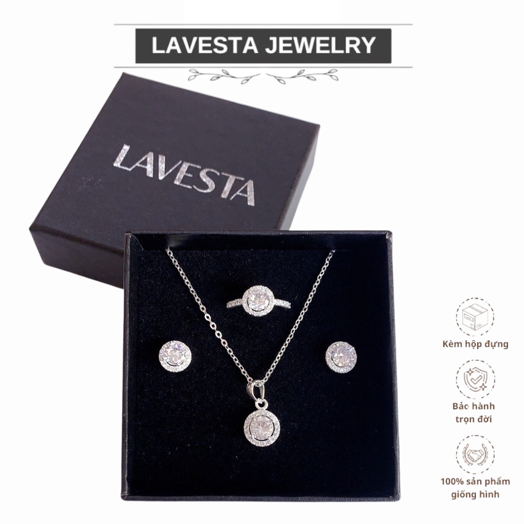 Combo Dây chuyền, Nhẫn nữ, Khuyên tai bạc ta nguyên chất S999 Lavesta mặt tròn đính pha lê lấp lánh SUN594