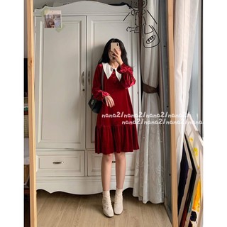 Váy nhung cổ cách điệu