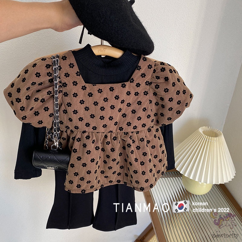 Set Đồ 3 Món Áo Thun Tay Ngắn In Hoa + Áo Lửng Cổ Lọ + Quần Dài Co Giãn Màu Đen Phong Cách Hàn Quốc Thời Trang Mùa Thu Cho Bé Gái