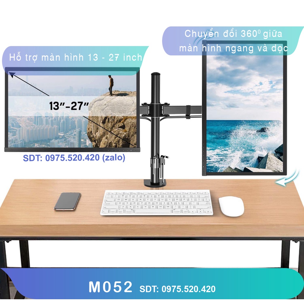 M052 - Giá Treo Hai Màn Hình Máy Tính/ Giá Đỡ 2 Màn Hình Kẹp Bàn [Màn hình 17 – 27 Inch] [ Rẻ Hơn NB F160 / NB H180]