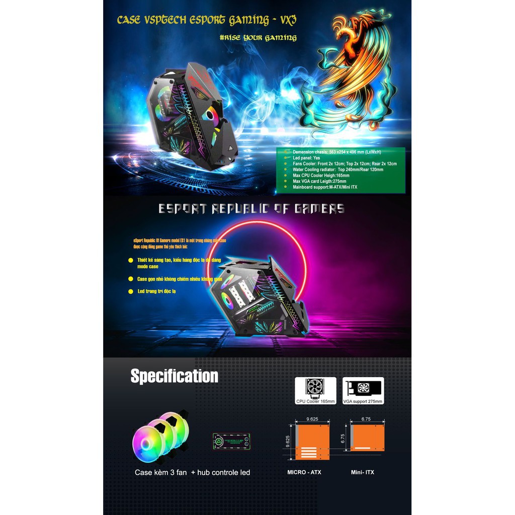 &lt; NEW HOT &gt; ✔️ Case VSP E-ROG ES3 Gaming Có Sẵn panel LED và 5 Fan LED ARGB.