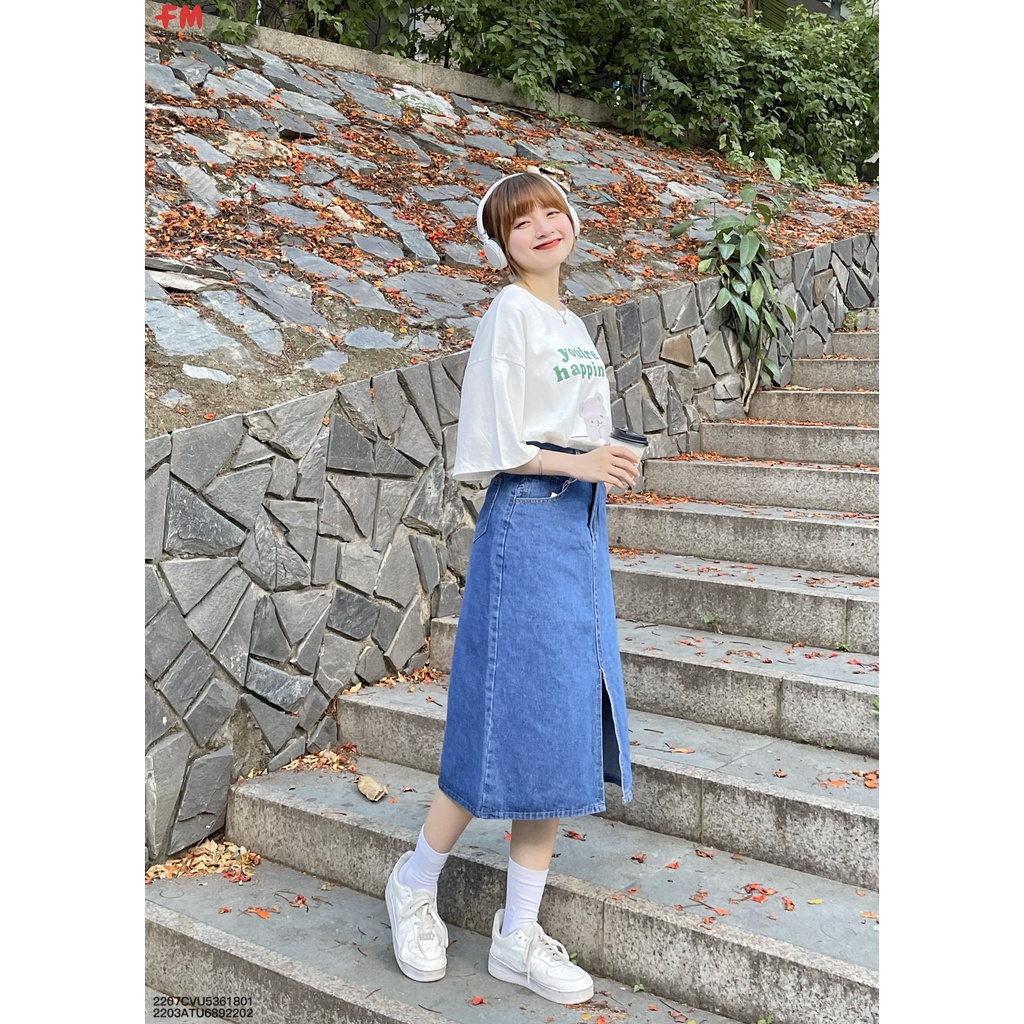 Chân váy jean midi FM STYLE lưng cao xẻ tà dáng a chất jean dày dặn trơn basic thời trang ulzzang 207180044