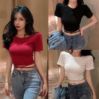 Áo Thun Dáng Ôm Hở Lưng Đan Dây Chéo Quyến Rũ Thời Trang 2020