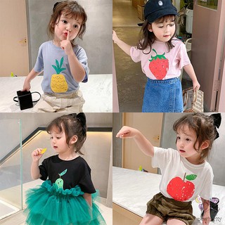 Korean Kids Girls Cartoon Fruit Print Short Sleeve T-shirt