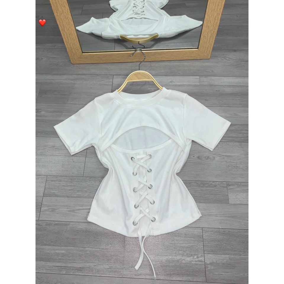 ÁO THUN CROPTOP TAY NGẮN KHOÉT NGỰC PHỐI DÂY CỘT SIÊU XINH FSHP10