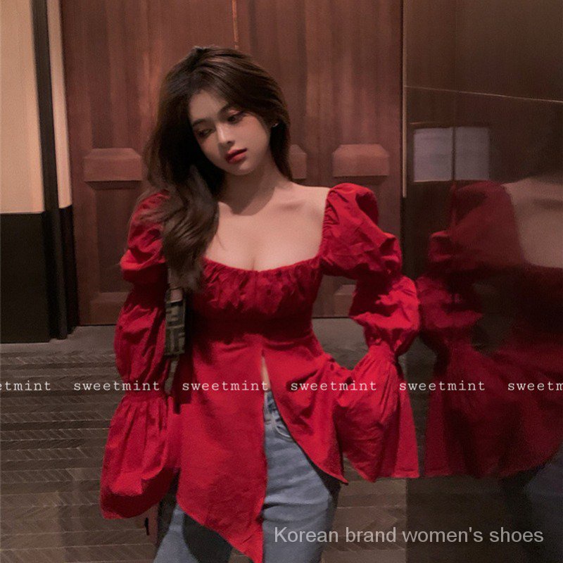 Autumn Square Collar Bell Sleeve Niche Design Red Shirt 's Long Sleeve Slim Fit Pullover Split Top Shirt