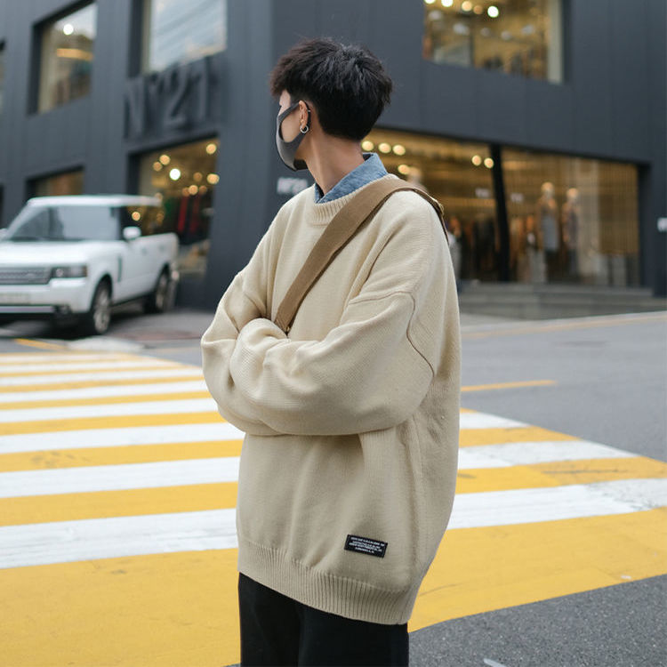 Áo sweater dệt kim cổ tròn dáng rộng màu trơn dày dặn cho cặp đôi