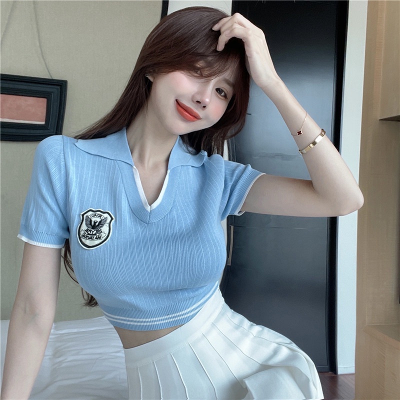 Cocory vn Áo Croptop Dệt Kim Tay Ngắn Cổ Chữ V Dáng Ôm Thời Trang Mùa Hè Cho Nữ