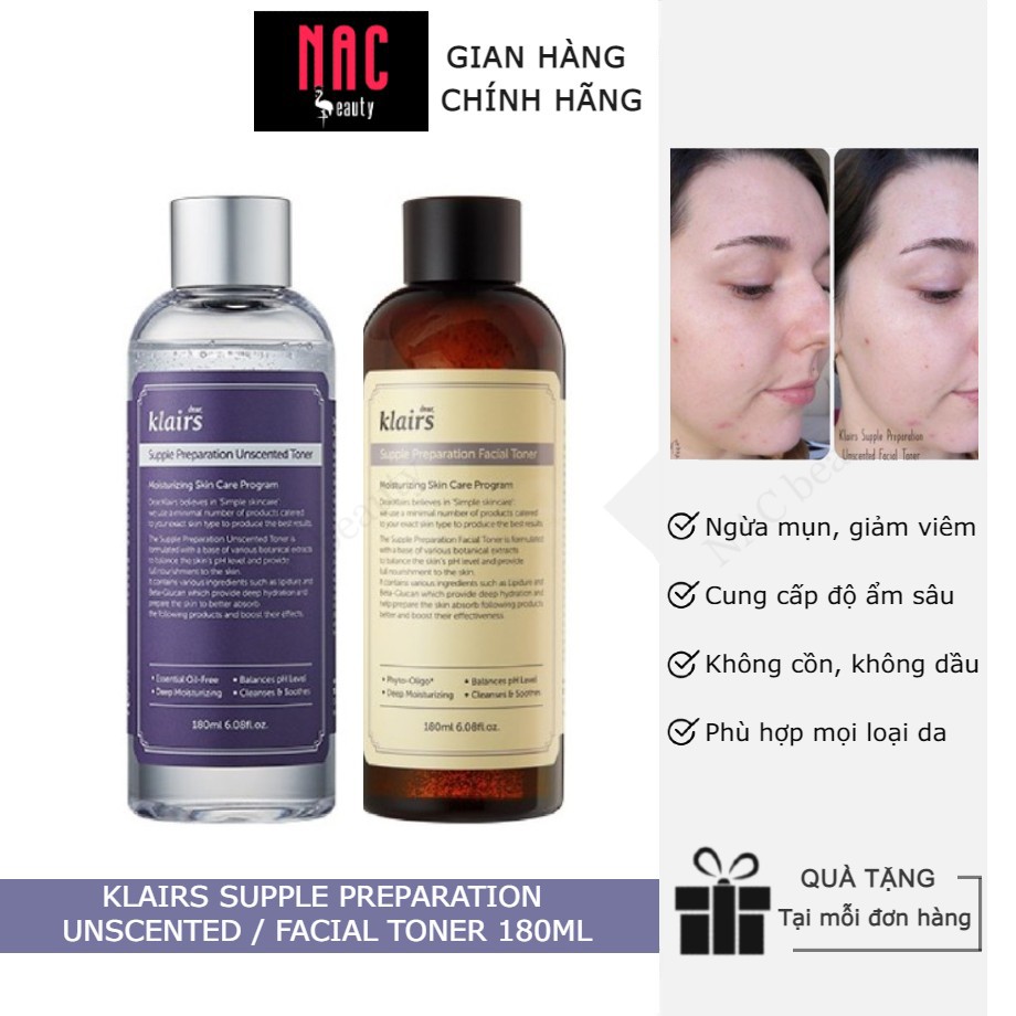 Nước hoa hồng Dưỡng Ẩm Da không mùi Klairs Supple Preparation Unscented Toner 180ml