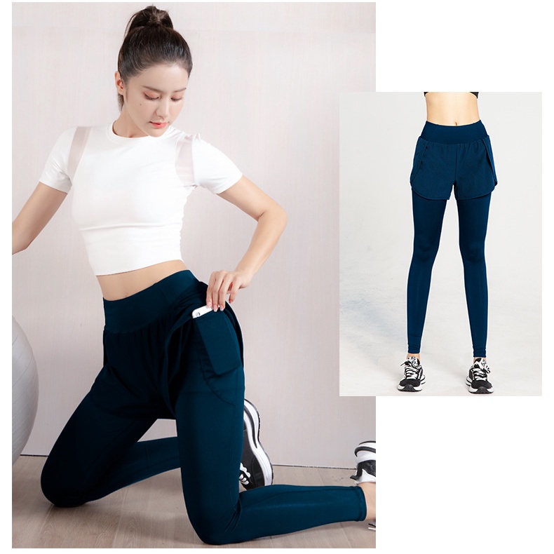 Quần legging thể thao giả hai lớp lưng cao nhanh khô cho nữ