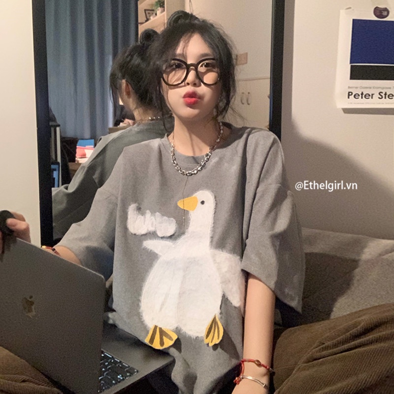 Áo Thun Tay Ngắn Dáng Rộng In Họa Tiết Hoạt Hình Thời Trang Cho Nữ