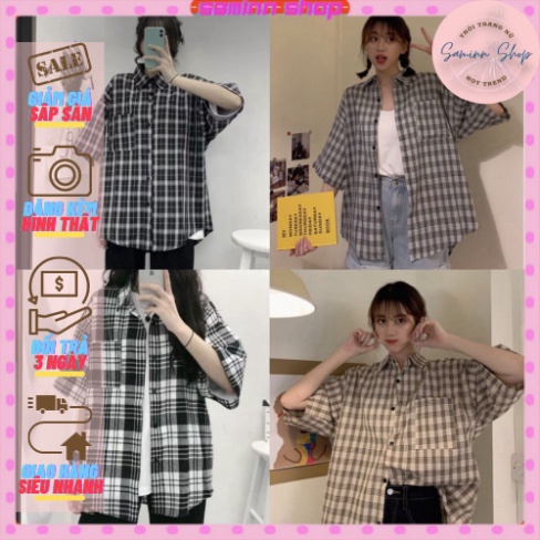 Sơ mi kẻ cộc tay SAMINN chất kẻ thô có 4 màu kẻ, tay lỡ qua khủy tay, from rộng 40-68kg nam nữ mặc được SS251