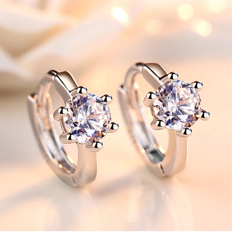 Khuyên Tai Tròn / Mũi Tên Sáu Móng Đính Đá Zircon Thời Trang Hàn Quốc Cho Nữ