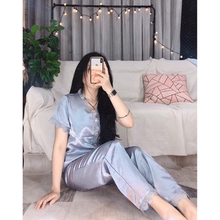 Set Bộ Pijama Tiểu THư Lụa Ren Cổ Chữ V Sang Trọng Chất Vải đẹp-Tay Ngắn Quần Dài.