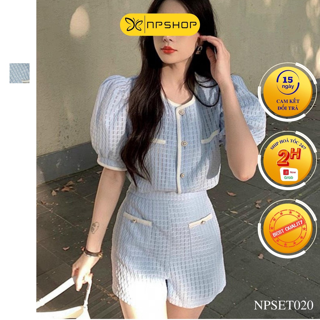 Set đồ nữ áo tay phồng và quần đùi caro xanh NPSET020