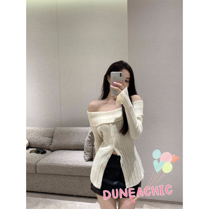 DUNEA Áo Sweater Dệt Kim Tay Dài Trễ Vai Xẻ Tà Quyến Rũ Cho Nữ