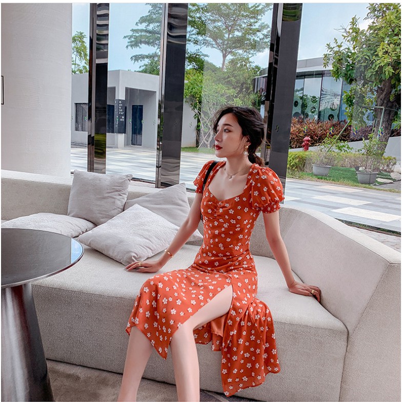 Váy xinh🌸FREESHIP🌸Váy hoa nhí cam dáng dài xẻ tà trẻ trung | BigBuy360 - bigbuy360.vn