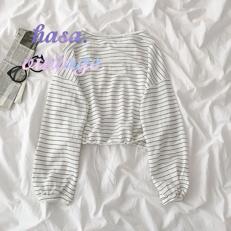 [Có sẵn]🌿 Áo croptop thun kẻ sọc ngang rút dây thân tay dài ulzzang 🔥