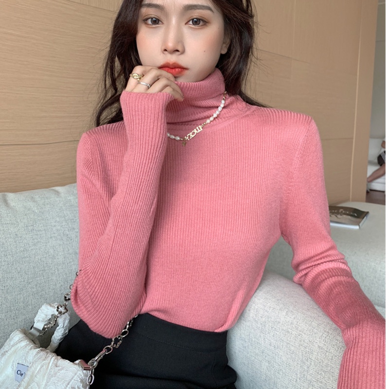 Áo dệt kim cổ cao màu sắc dễ phối đồ