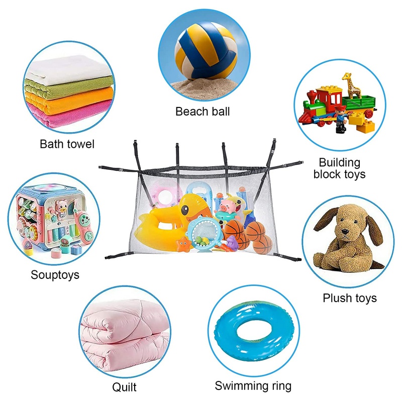 Túi Lưới Nylon Màu Đen Có Móc Sức Chứa Lớn Đựng Đồ Chơi Đi Biển / Mua Sắm / Đồ Chơi Ngoài Trời