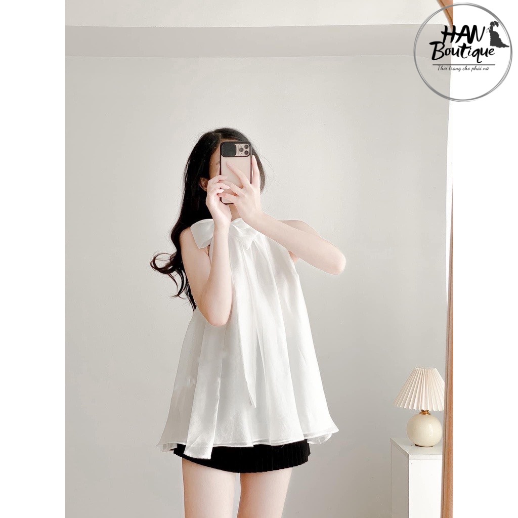 Áo Cổ Yếm Nữ Buộc Nơ Voan Tơ Trắng👚 Áo Hở Vai Phối Dây Bản To Trắng Cực Xinh 🦋