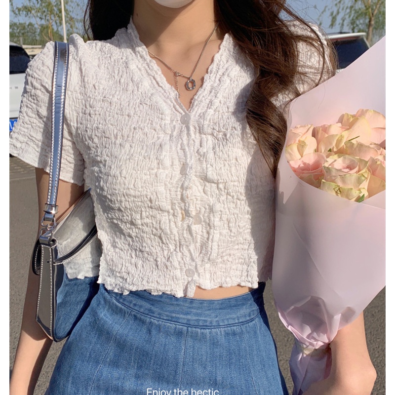 Áo Kiểu Ngắn Cổ Chữ V Thời Trang Mùa Hè Gợi Cảm Dễ Phối Đồ