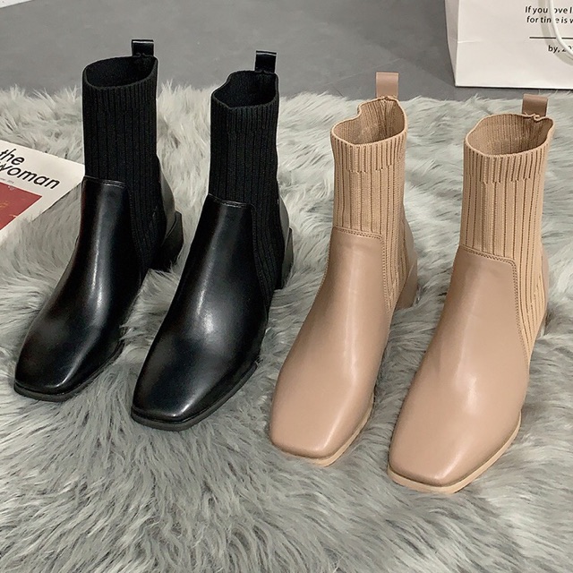 Boots nữ cổ len ngắn gót vuông cao 5cm không khoá