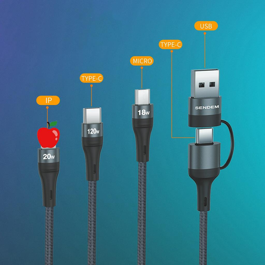 Cáp Sạc Nhanh 3 Đầu Sendem Đa Năng, Sạc Cho Mọi Điện Thoại, Dây Dù Siêu Bền Hỗ Trợ QC 18W, PD20W, 120W M38