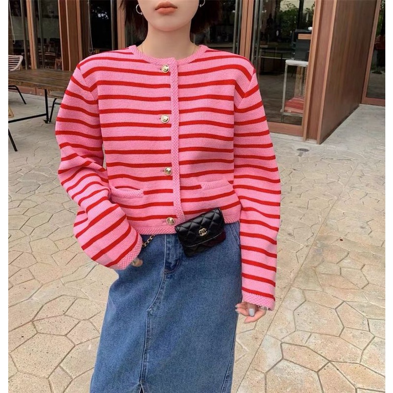 Áo khoác cardigan dệt kim NZN cổ tròn kẻ sọc caro 4 màu lựa chọn phong cách Hàn Quốc thời trang cho nữ