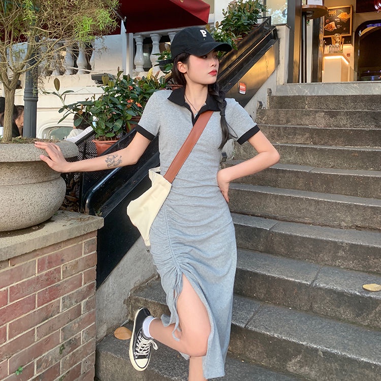 COZOK Đầm Cổ POLO Dáng Ôm Rút Dây Xếp Ly Màu Tương Phản Trẻ Trung