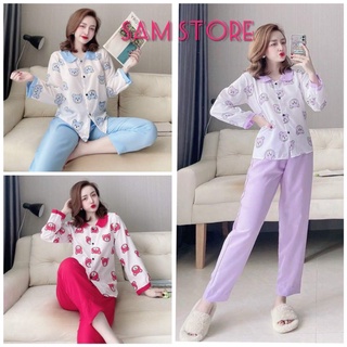 Bộ Pijama tay dài cổ sen hình gấu lụa kate. Đồ ngủ BTC003 Freesize 55kg SamStore