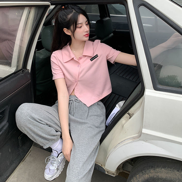 Áo Thun Lửng Có Cổ Thêu Hình Gấu Xinh Xắn Dành Cho Nữ