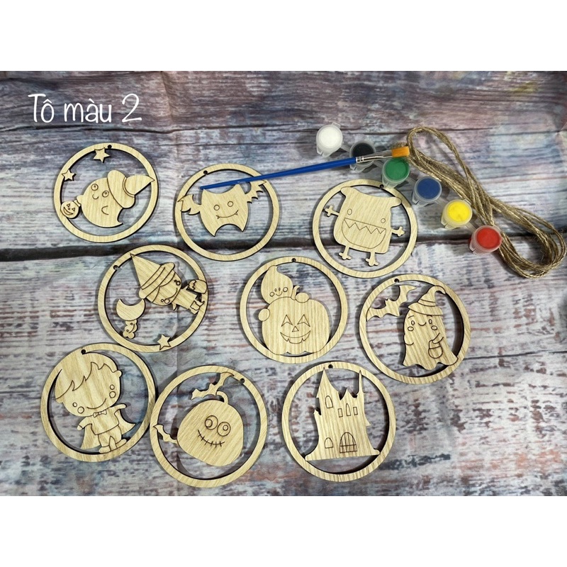 Set chưa tô màu  Halloween bằng gỗ decor phong cách Rustic cho bé thỏa sức sáng tạo, trang trí nhà cửa