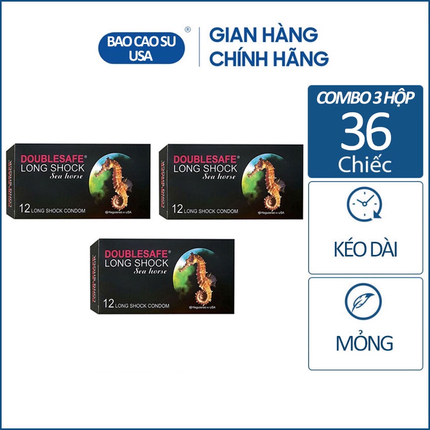 3 Hộp bao cao su Malaysia DoubleSafe SeaHorse - Gân gai điểm nổi - Kéo dài thời gian quan hệ [36 Chiếc]