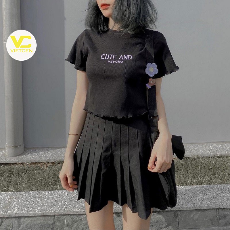 Áo croptop nữ ôm kiểu viền bèo VIETCEN áo crtop ngắn tay CUTE 2 màu trắng đen chất thun đẹp mịn mát