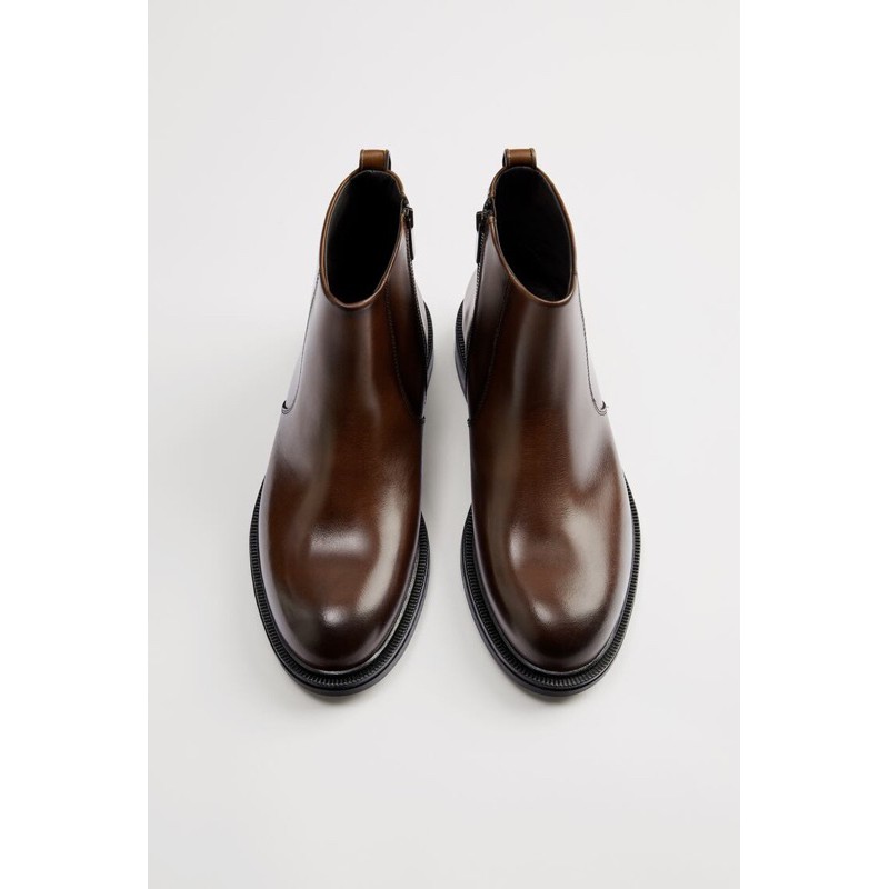 Giày boots Zara authentic LEATHER ROUNDED-TOE ANKLE size 40 - 41