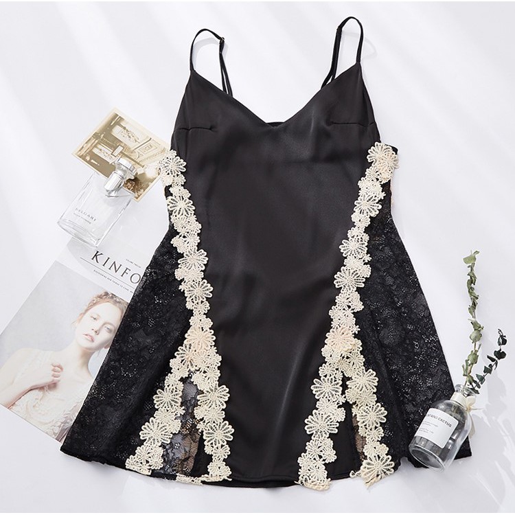 Đầm ngủ lụa họa tiết hoa ren chạy dọc phía trước Quảng Châu cao cấp | BigBuy360 - bigbuy360.vn