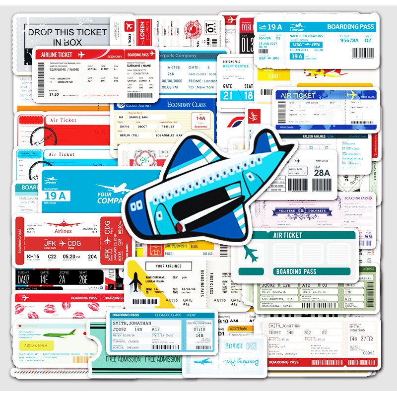 [Set 50 Cái] Sticker hình vé máy bay cute dán mũ bảo hiểm, laptop - DB.083