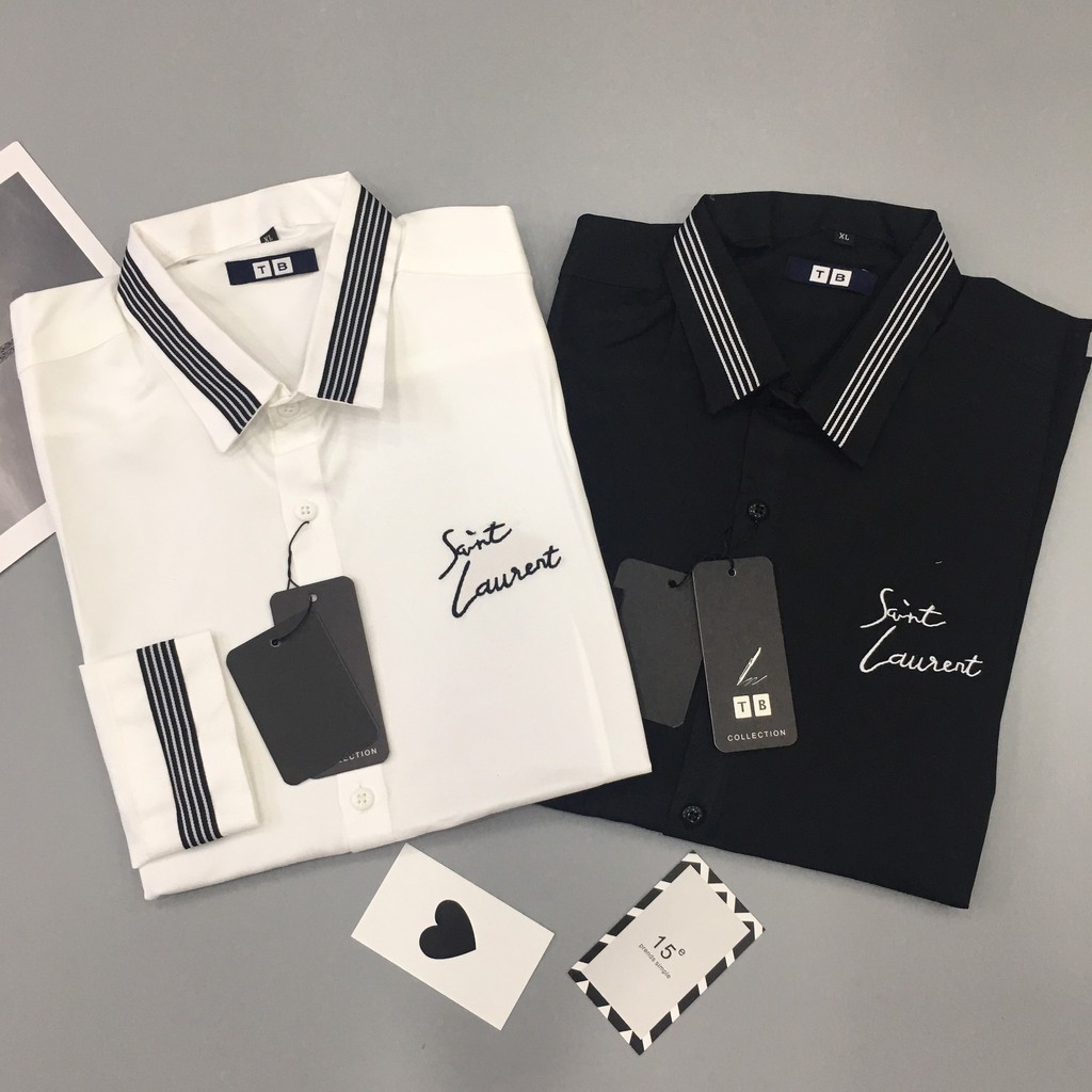 ÁO SƠ MI NAM NỮ CẶP ĐÔI TÌNH YÊU TRẮNG ĐEN TAY DÀI THÊU LOGO THÊU TIM VẢI KAE LỤA CHỐNG NHĂN MỀM MỊN | BigBuy360 - bigbuy360.vn