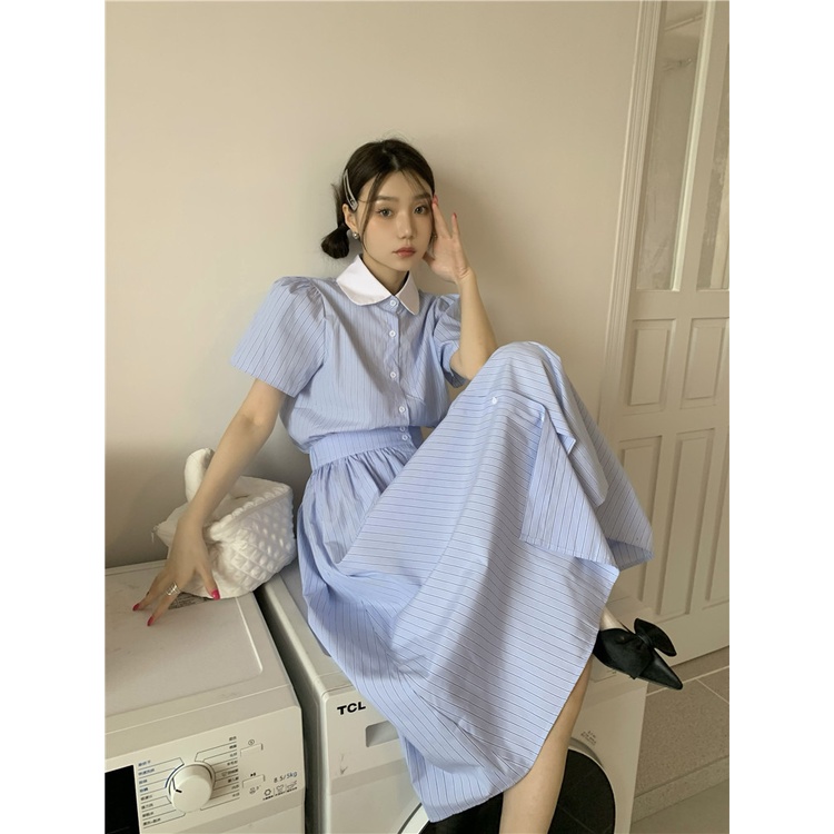 Miss Zhishi ~ Màu tương phản Ve áo phồng tay Áo sơ mi ngắn tay sọc + Bộ chân váy có ô khoét ngực