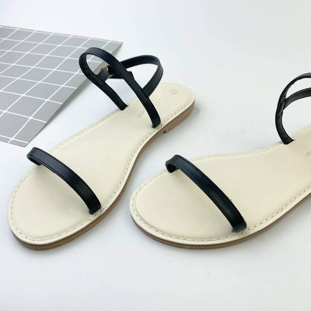 Giày sandal đế bệt HISHOO mũi tròn phối dây mảnh 1 cm có bigsize S005