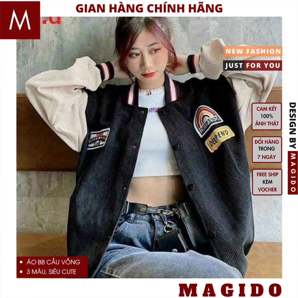 Áo khoác nhung tăm cầu vồng cúc bấm nam nữ ulzzang, Áo Bomber Deep End Unisex 3 màu chất nỉ thời trang thu đông - MAGIDO