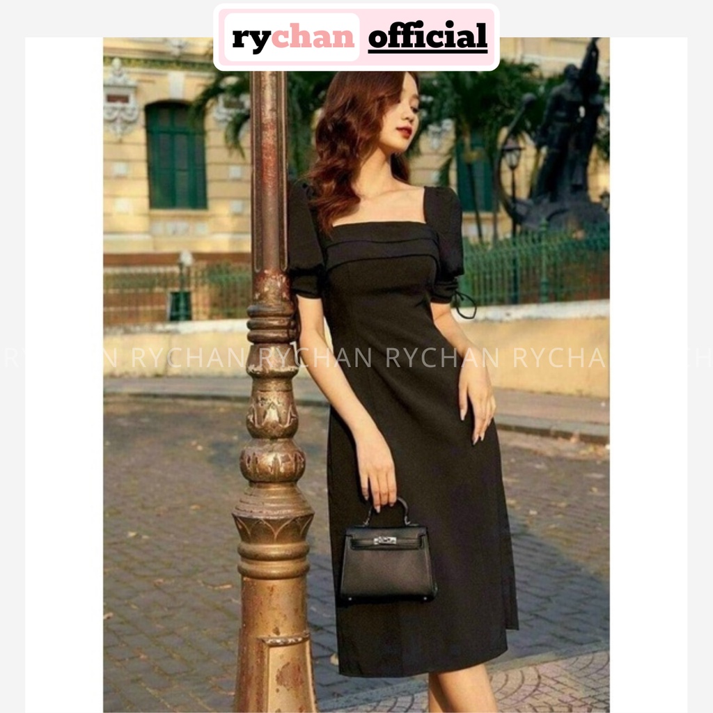 Đầm Nữ Dự Tiệc Thiết Kế Cổ Vuông Tay Ngắn Phồng Đắp Tà Trước Cách Tiểu Thư Sang Chảnh Màu Đen[ẢNH THẬT CUỐI] - DX9733