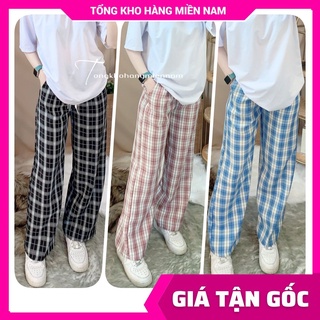 Quần caro ống rộng suông lưng thun cho nữ chất vải mềm mát phối caro sọc kẻ dễ thương LT09