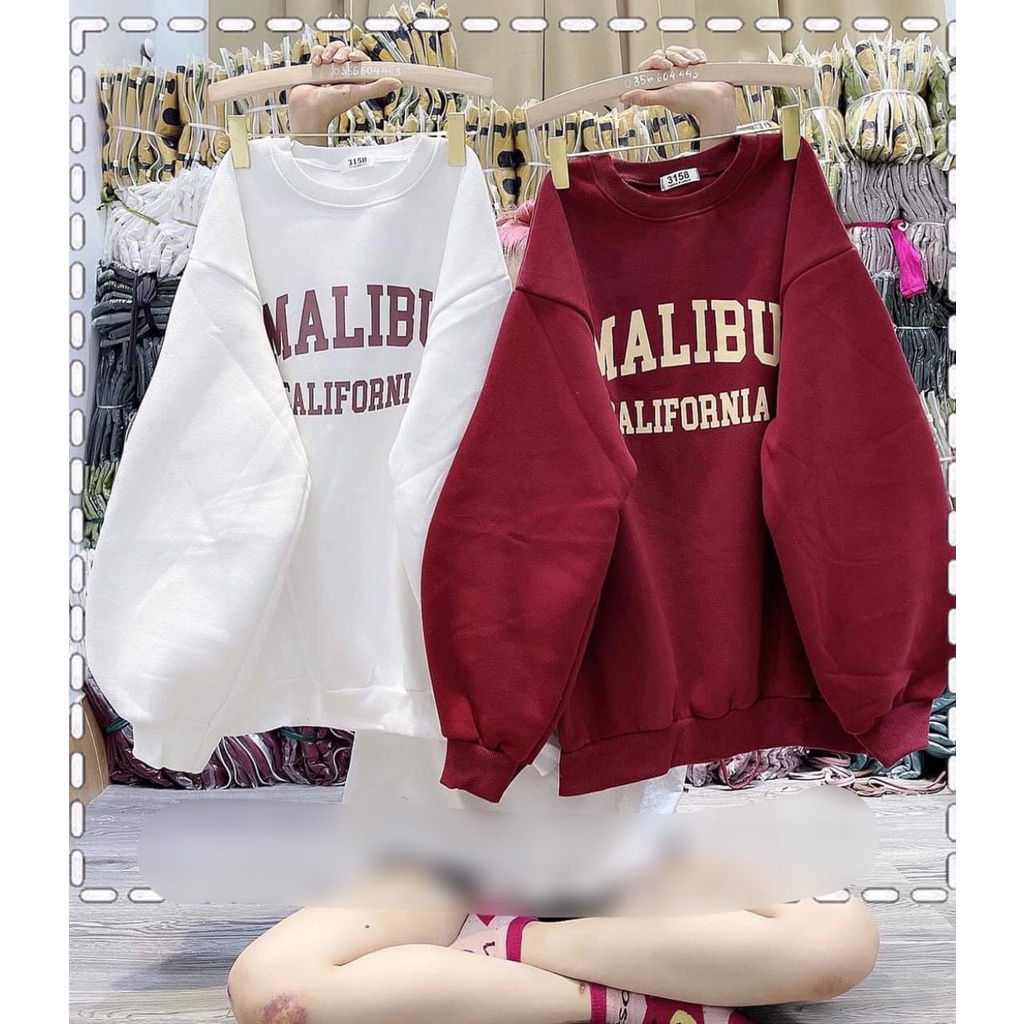 Áo sweater nỉ cổ tròn họa tiết chữ MALIBU 3 màu Hot hit.