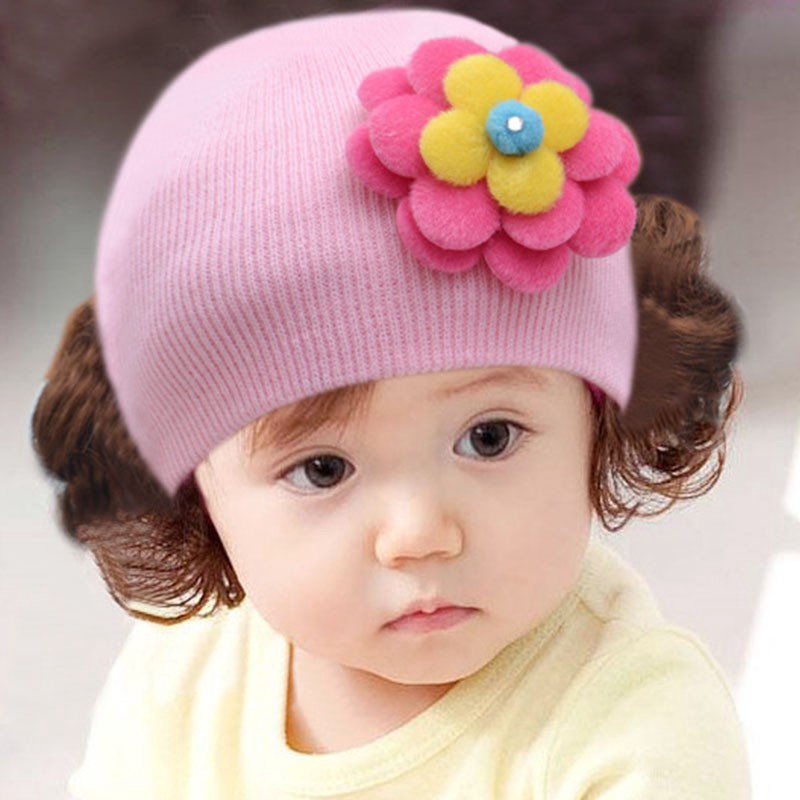 Mũ dệt kim giữ ấm trang trí tóc giả kiểu dáng thời trang mùa đông cho bé gái