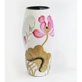 Bình lọ hoa sơn mài Bom xoắn trắng 27cm vẽ Sen